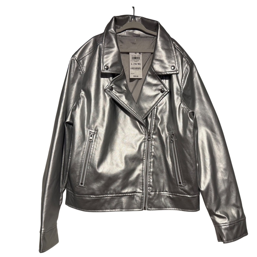 Epic Threads Kids Silver Metallic Faux Leather‎ Moto Jacket Size L 14 16